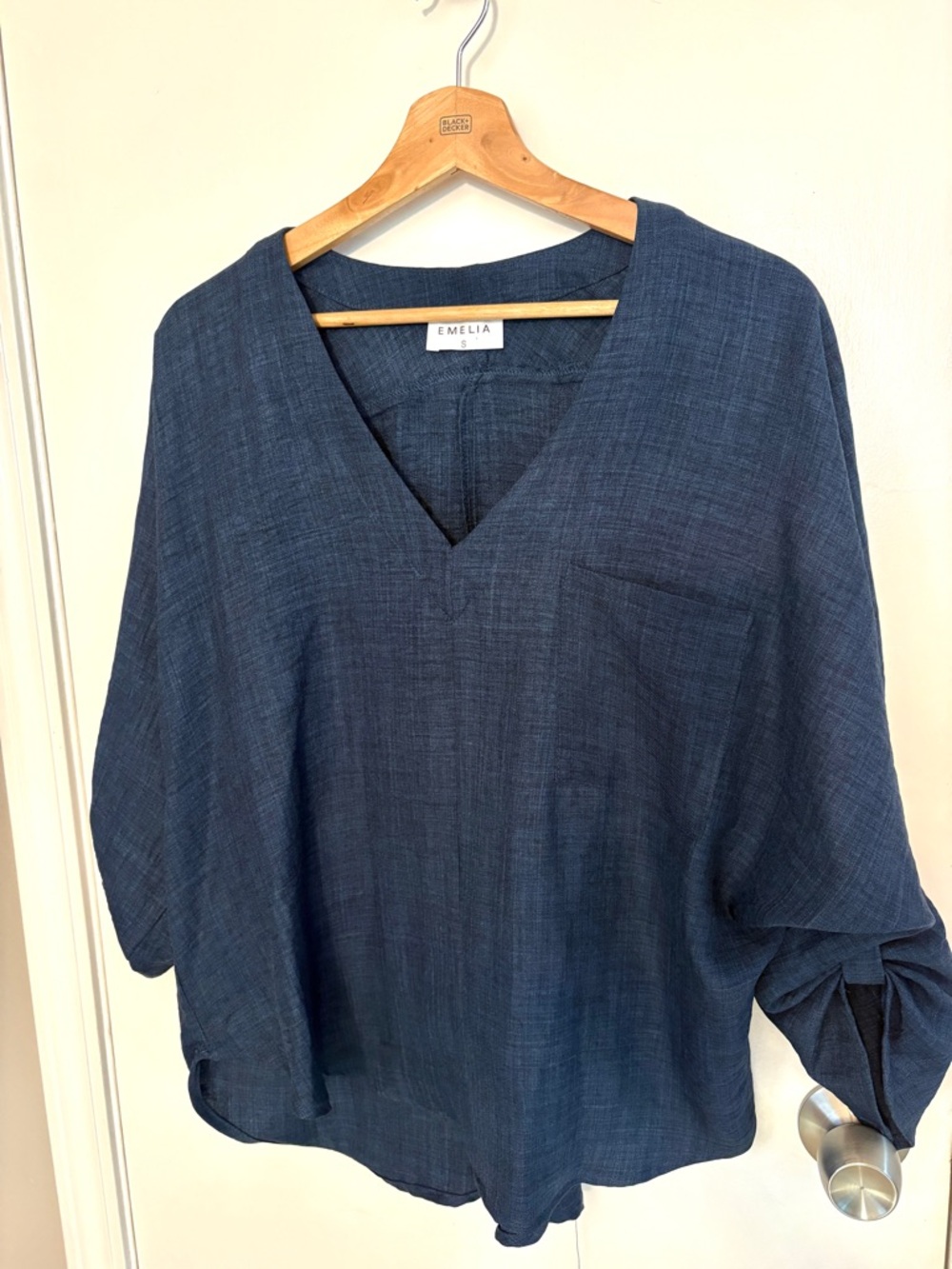 Navy V-Neck Linen Blend Women's Top